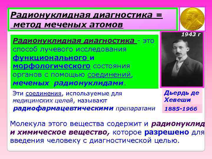 Радионуклидная диагностика = метод меченых атомов Радионуклидная диагностика - это способ лучевого исследования функционального