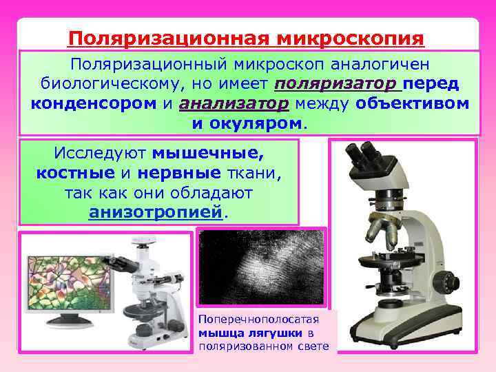 Поляризационная микроскопия Поляризационный микроскоп аналогичен биологическому, но имеет поляризатор перед конденсором и анализатор между