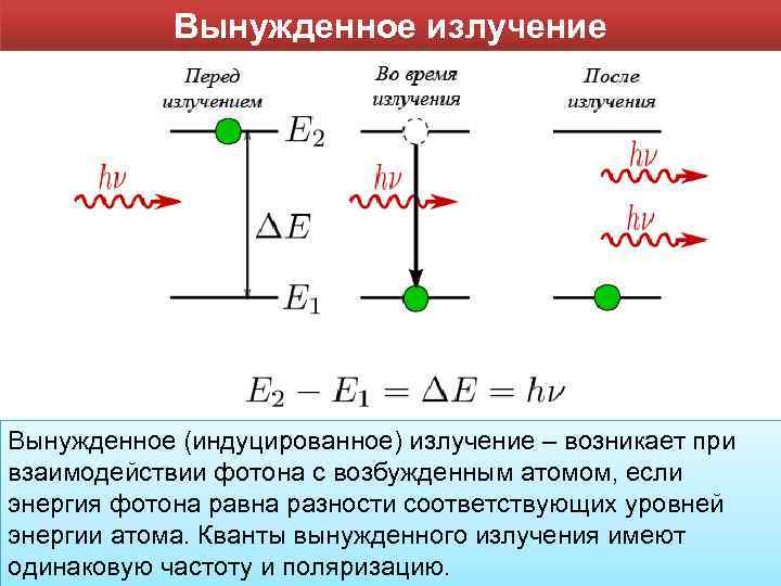 Вынужденное излучение Вынужденное (индуцированное) излучение – возникает при взаимодействии фотона с возбужденным атомом, если