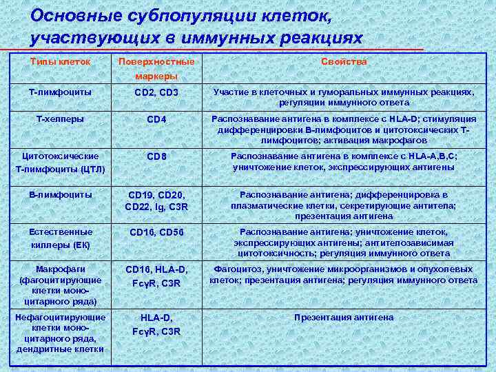 Основные субпопуляции клеток, участвующих в иммунных реакциях Типы клеток Поверхностные маркеры Свойства Т-лимфоциты CD