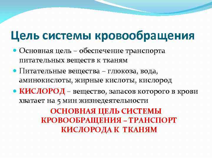 Цель системы кровообращения Основная цель – обеспечение транспорта питательных веществ к тканям Питательные вещества
