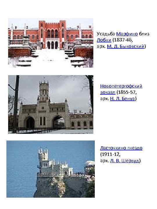 Усадьба Марфино близ Лобни (1837 -46, арх. М. Д. Быковский) Новопетергофский вокзал (1855 -57,