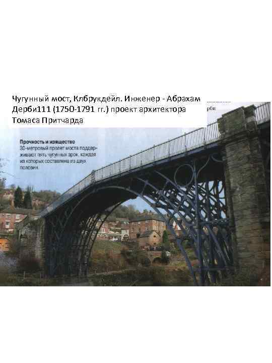 Чугунный мост, Клбрукдейл. Инженер - Абрахам Дерби 111 (1750 -1791 гг. ) проект архитектора