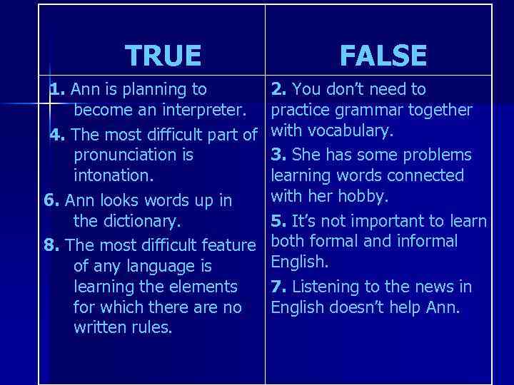 TRUE 1. Ann is planning to become an interpreter. 4. The most difficult part
