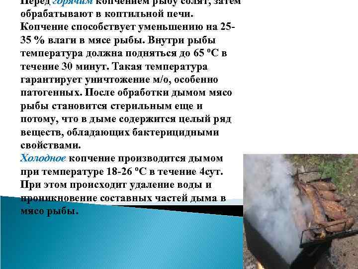 Перед горячим копчением рыбу солят, затем обрабатывают в коптильной печи. Копчение способствует уменьшению на