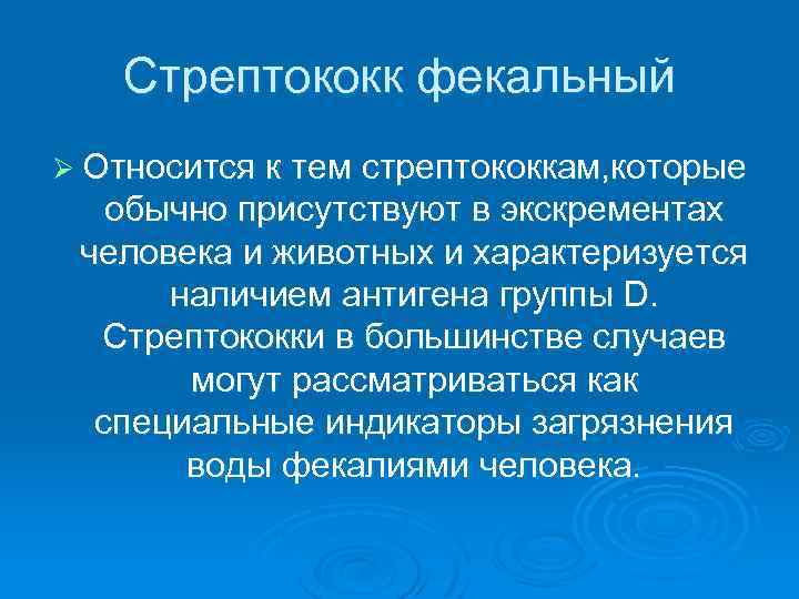 Стрептококк фекальный Ø Относится к тем стрептококкам, которые обычно присутствуют в экскрементах человека и