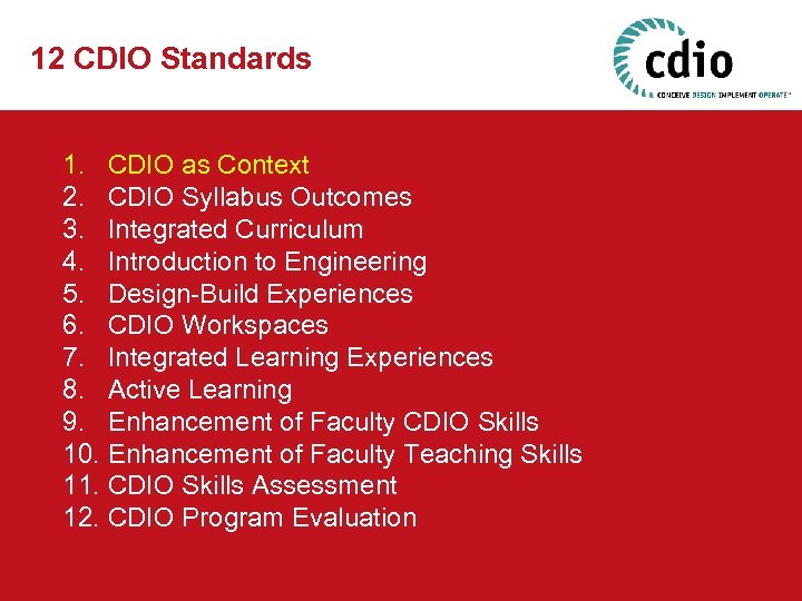 12 CDIO Standards 1. CDIO as Context 2. CDIO Syllabus Outcomes 3. Integrated Curriculum