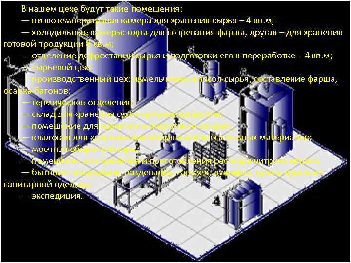 В нашем цехе будут такие помещения: — низкотемпературная камера для хранения сырья – 4