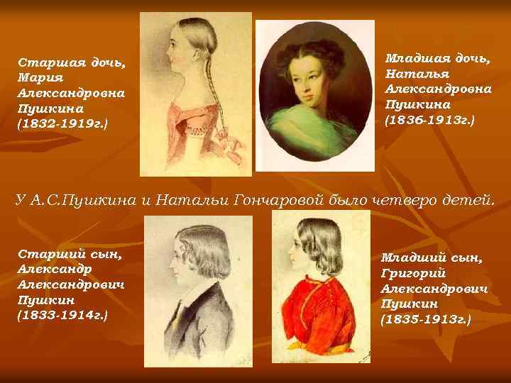 Старшая дочь, Мария Александровна Пушкина (1832 -1919 г. ) Младшая дочь, Наталья Александровна Пушкина