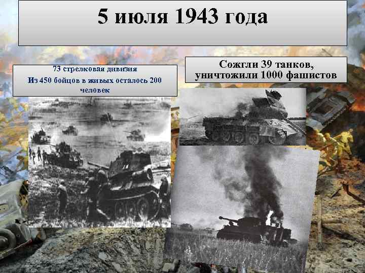 5 июля 1943 года 73 стрелковая дивизия Из 450 бойцов в живых осталось 200