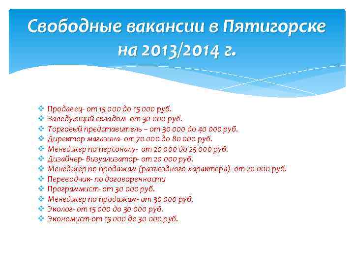 Свободные вакансии в Пятигорске на 2013/2014 г. v v v Продавец- от 15 000