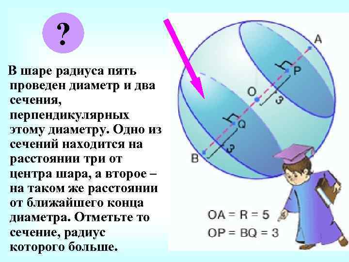 ? В шаре радиуса пять проведен диаметр и два сечения, перпендикулярных этому диаметру. Одно