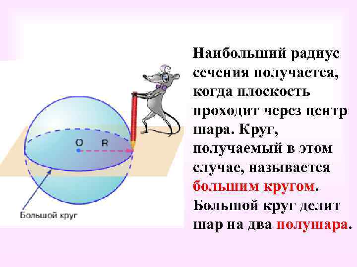 Наибольший радиус сечения получается, когда плоскость проходит через центр шара. Круг, получаемый в этом