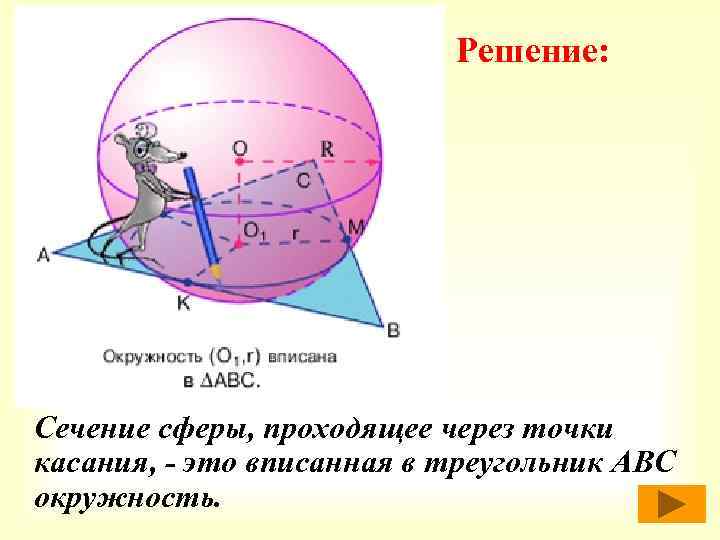 Решение: Сечение сферы, проходящее через точки касания, - это вписанная в треугольник АВС окружность.