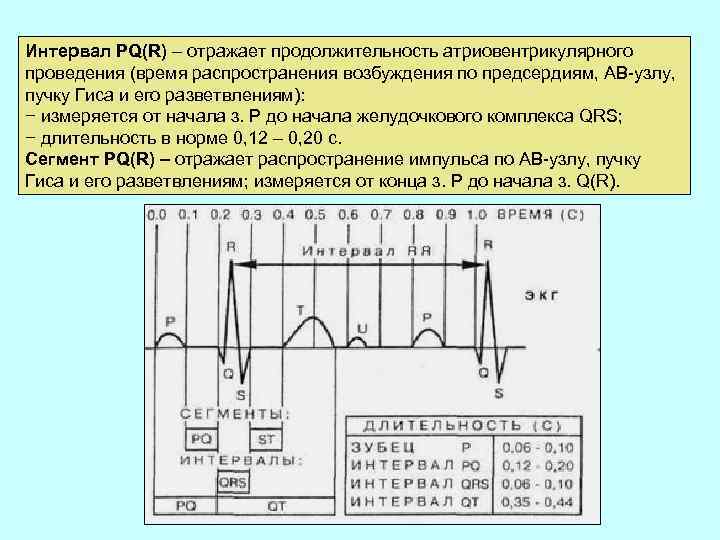 Интервал PQ(R) – отражает продолжительность атриовентрикулярного проведения (время распространения возбуждения по предсердиям, АВ-узлу, пучку