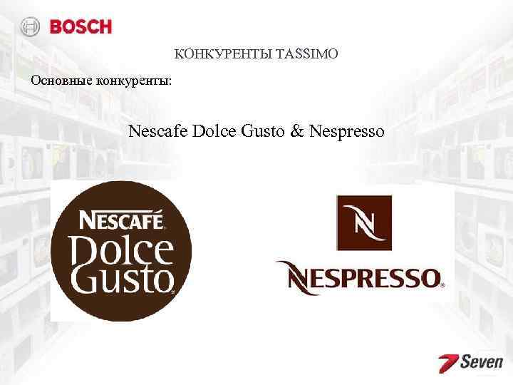 КОНКУРЕНТЫ TASSIMO Основные конкуренты: Nescafe Dolce Gusto & Nespresso 