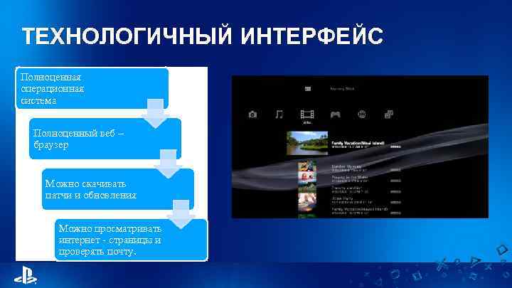 ТЕХНОЛОГИЧНЫЙ ИНТЕРФЕЙС Полноценная операционная система Полноценный веб – браузер Можно скачивать патчи и обновления