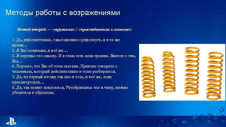 Методы работы с возражениями Метод второй — «пружина» / «присоединение к мнению» 1. Да,