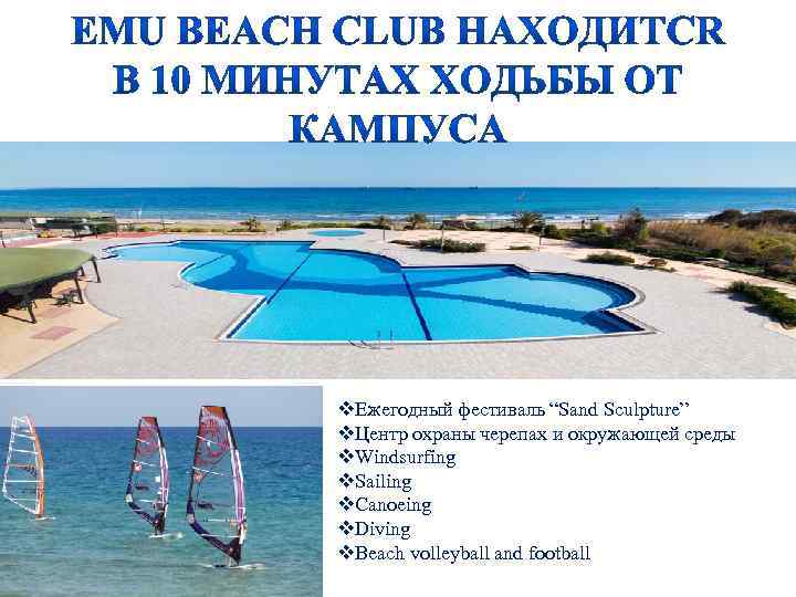 v. Ежегодный фестиваль “Sand Sculpture” v. Центр охраны черепах и окружающей среды v. Windsurfing