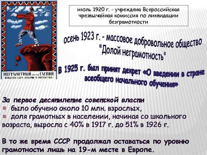 июль 1920 г. - учреждена Всероссийская чрезвычайная комиссия по ликвидации безграмотности За первое десятилетие