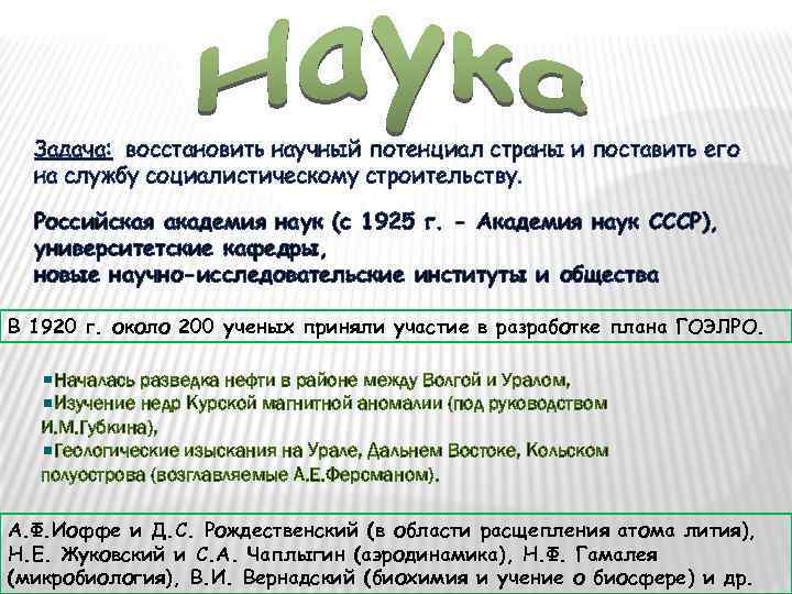 Задача: восстановить научный потенциал страны и поставить его на службу социалистическому строительству. Российская академия