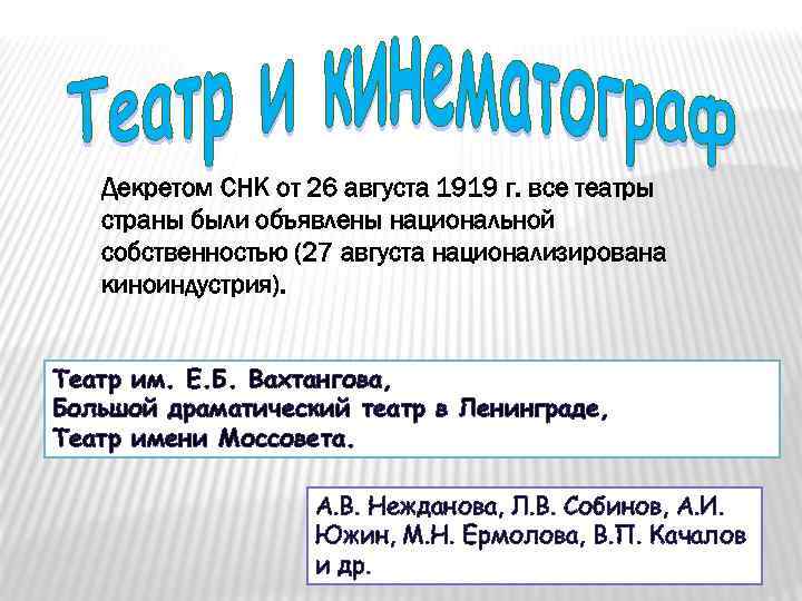 Декретом СНК от 26 августа 1919 г. все театры страны были объявлены национальной собственностью