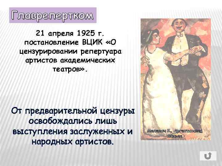 Главрепертком 21 апреля 1925 г. постановление ВЦИК «О цензурировании репертуара артистов академических театров» .