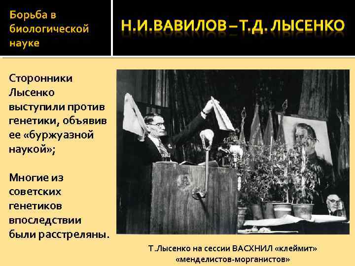 Сторонники Лысенко выступили против генетики, объявив ее «буржуазной наукой» ; Многие из советских генетиков