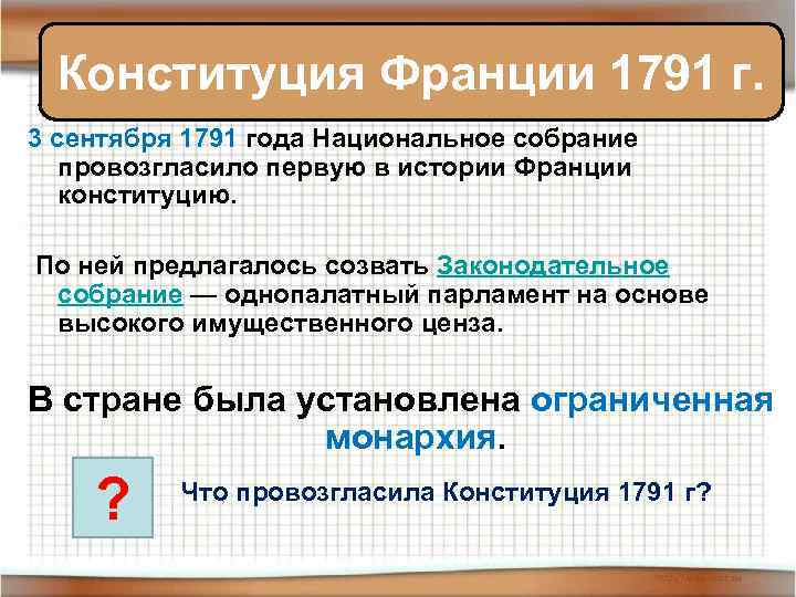 Конституция Франции 1791 г. 3 сентября 1791 года Национальное собрание провозгласило первую в истории