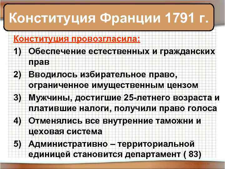 Конституция Франции 1791 г. Конституция провозгласила: 1) Обеспечение естественных и гражданских прав 2) Вводилось