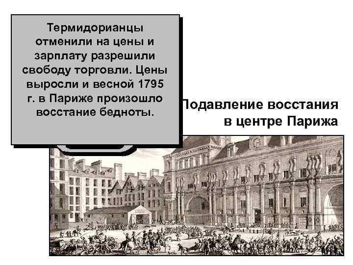 Термидорианцы отменили на цены и зарплату разрешили свободу торговли. Цены выросли и весной 1795