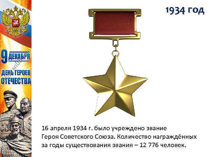 1934 год 16 апреля 1934 г. было учреждено звание Героя Советского Союза. Количество награждённых