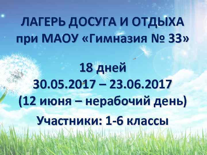 ЛАГЕРЬ ДОСУГА И ОТДЫХА при МАОУ «Гимназия № 33» 18 дней 30. 05. 2017