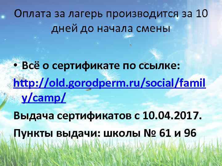 Оплата за лагерь производится за 10 дней до начала смены • Всё о сертификате