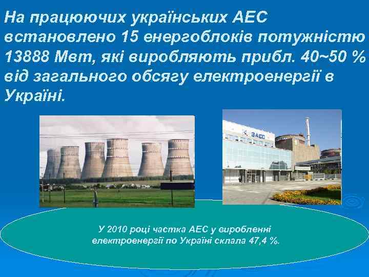 На працюючих українських АЕС встановлено 15 енергоблоків потужністю 13888 Мвт, які виробляють прибл. 40~50