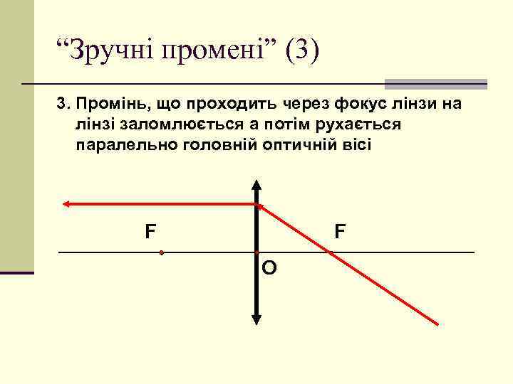 “Зручні промені” (3) 3. Промінь, що проходить через фокус лінзи на лінзі заломлюється а