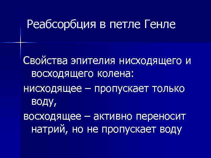 Реабсорбция в петле Генле Свойства эпителия нисходящего и восходящего колена: нисходящее – пропускает только