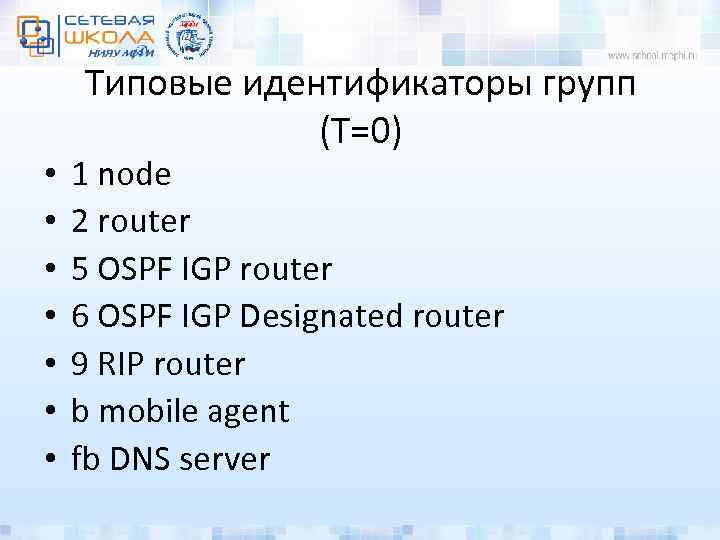  • • Типовые идентификаторы групп (T=0) 1 node 2 router 5 OSPF IGP