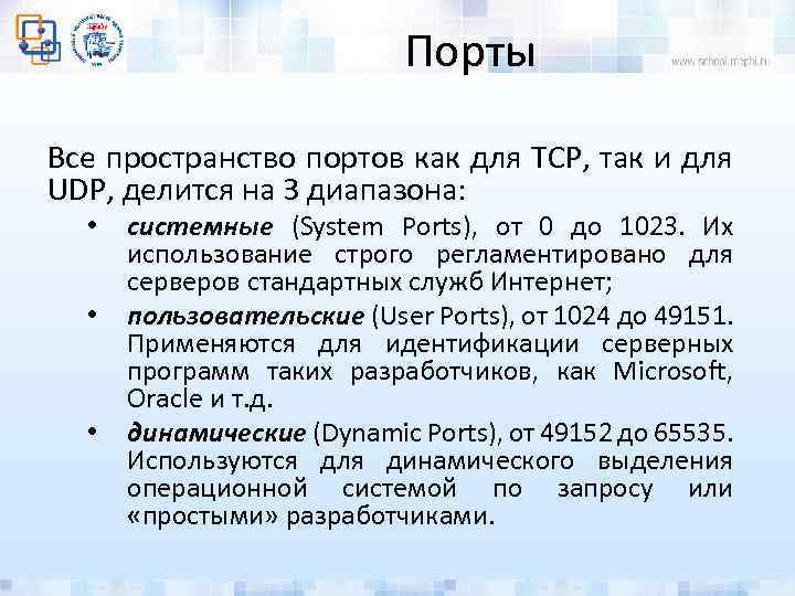 Порты Все пространство портов как для TCP, так и для UDP, делится на 3