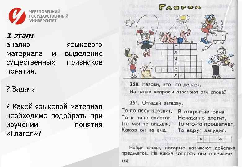 Слайд с иллюстрацией 1 этап: анализ материала и существенных понятия. языкового выделение признаков ?