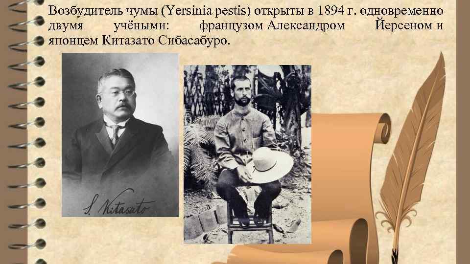 Возбудитель чумы (Yersinia pestis) открыты в 1894 г. одновременно двумя учёными: французом Александром Йерсеном