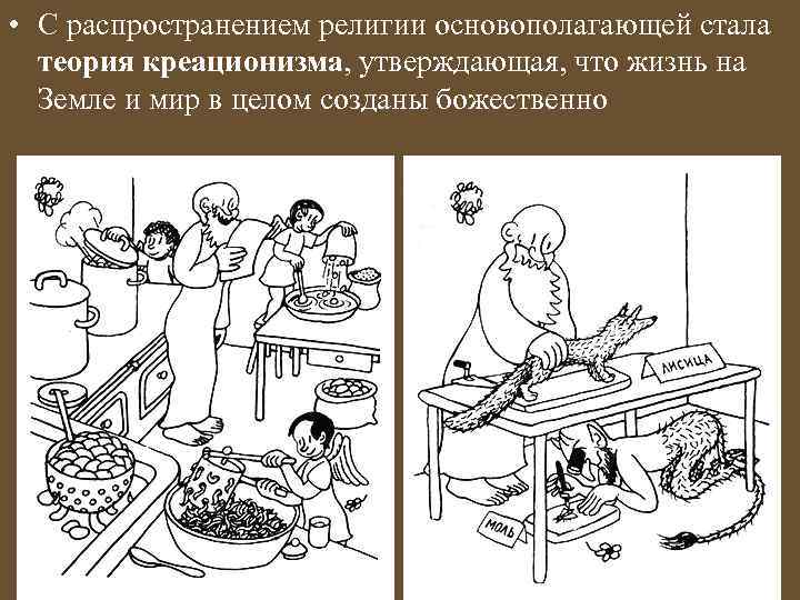  • С распространением религии основополагающей стала теория креационизма, утверждающая, что жизнь на Земле