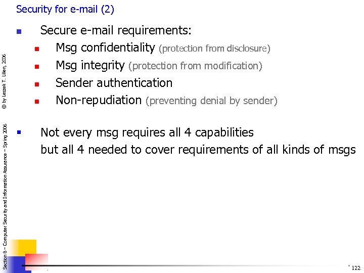 Security for e-mail (2) Section 8 – Computer Security and Information Assurance – Spring