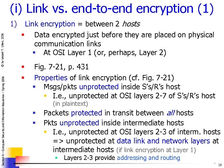 (i) Link vs. end-to-end encryption (1) Section 8 – Computer Security and Information Assurance