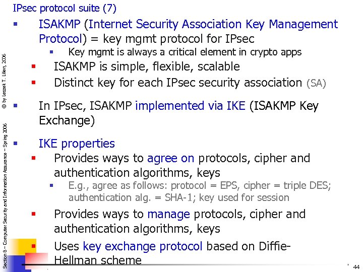 IPsec protocol suite (7) ISAKMP (Internet Security Association Key Management Protocol) = key mgmt