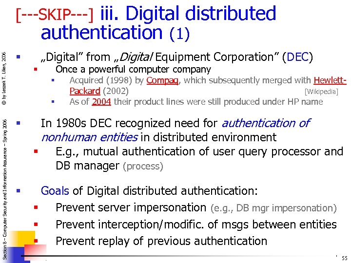iii. Digital distributed authentication (1) Section 8 – Computer Security and Information Assurance –