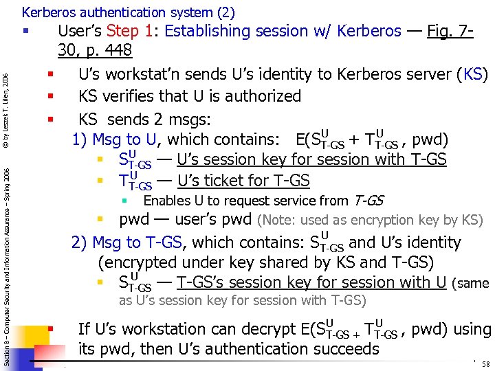 Kerberos authentication system (2) Section 8 – Computer Security and Information Assurance – Spring