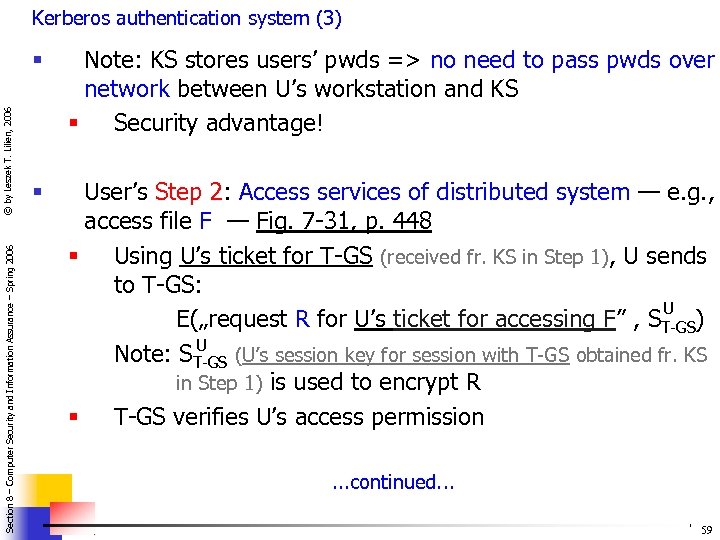 Kerberos authentication system (3) Section 8 – Computer Security and Information Assurance – Spring