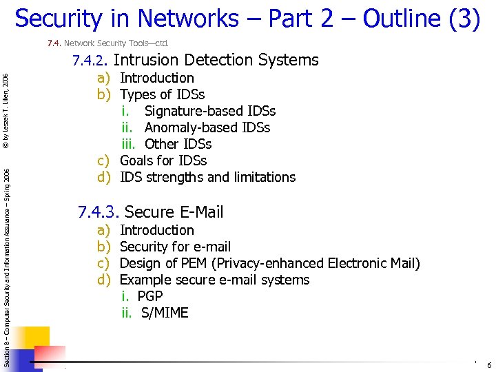 Security in Networks – Part 2 – Outline (3) Section 8 – Computer Security