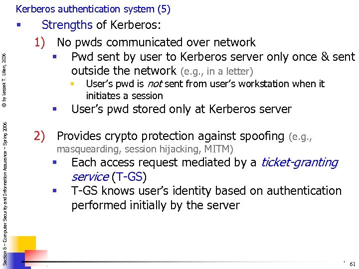 Kerberos authentication system (5) Section 8 – Computer Security and Information Assurance – Spring